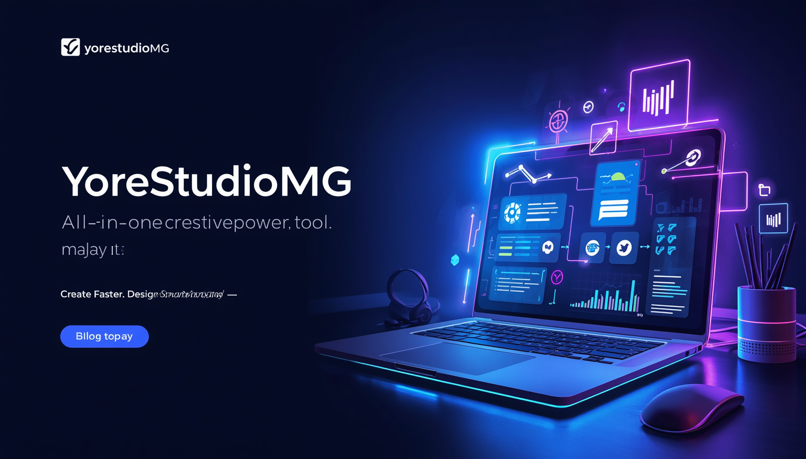 YoreStudioMG all-in-one creative tool dashboard showing modern laptop workspace with design, content creation, and productivity icons in a futuristic tech style.